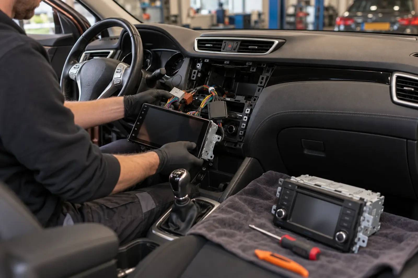 Monteur houdt een nieuwe autoradio met CarPlay en Android Auto voor de geopende dashboardopening; de oude fabrieksradio ligt op een doek op de middenconsole