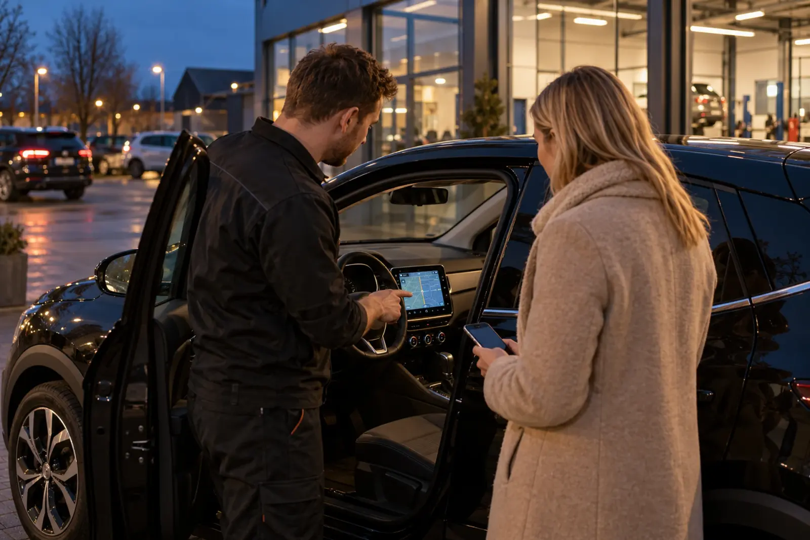 Monteur wijst een klant met haar telefoon in de hand op het nieuwe touchscreen in haar auto, buiten voor de werkplaats in de avondschemering