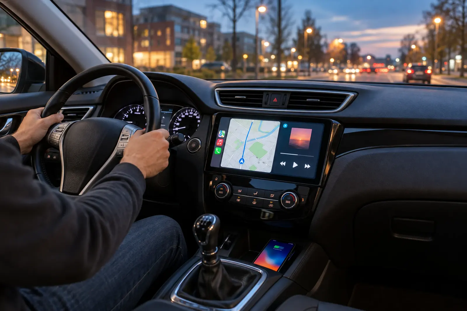 Autoradio met CarPlay Android Auto in het dashboard: navigatie en muziek op het touchscreen, iPhone aan de lader op de middenconsole, stadsstraat in de schemering