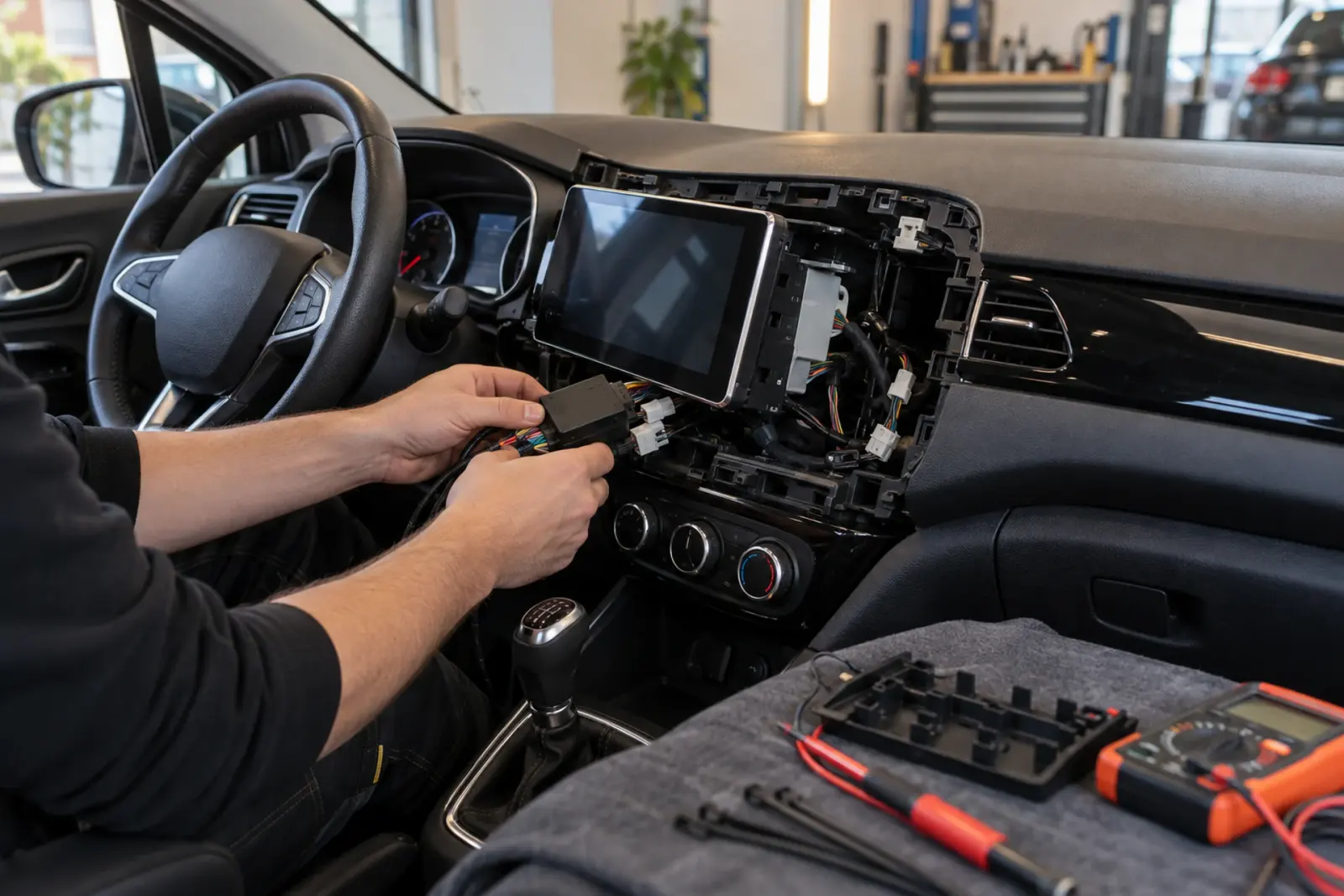 Monteur sluit de interface en bekabeling aan achter het nieuwe touchscreen in een opengewerkt dashboard; een multimeter ligt op de middenconsole