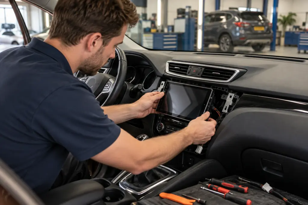 Monteur schuift een touchscreen met inbouwkooi in de dashboardopening van een personenauto in de werkplaats