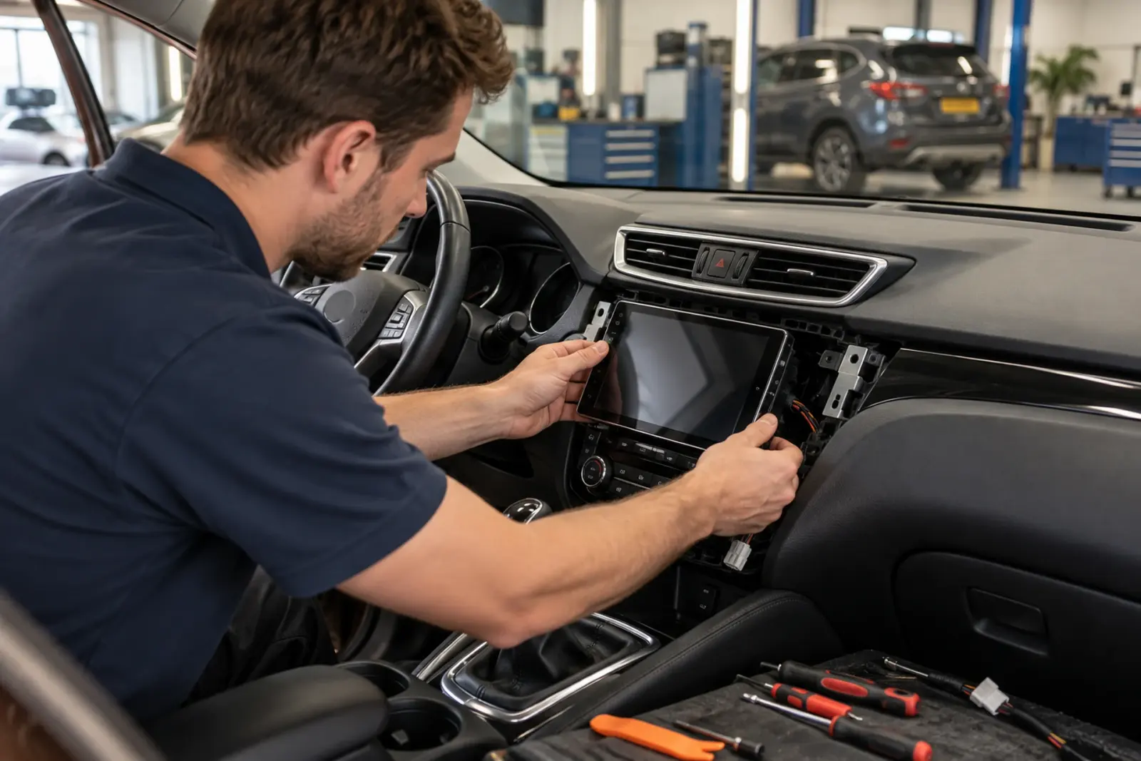 CarPlay inbouwen in de werkplaats: monteur schuift een touchscreen met inbouwkooi in de dashboardopening, gereedschap op een doek op de middenconsole