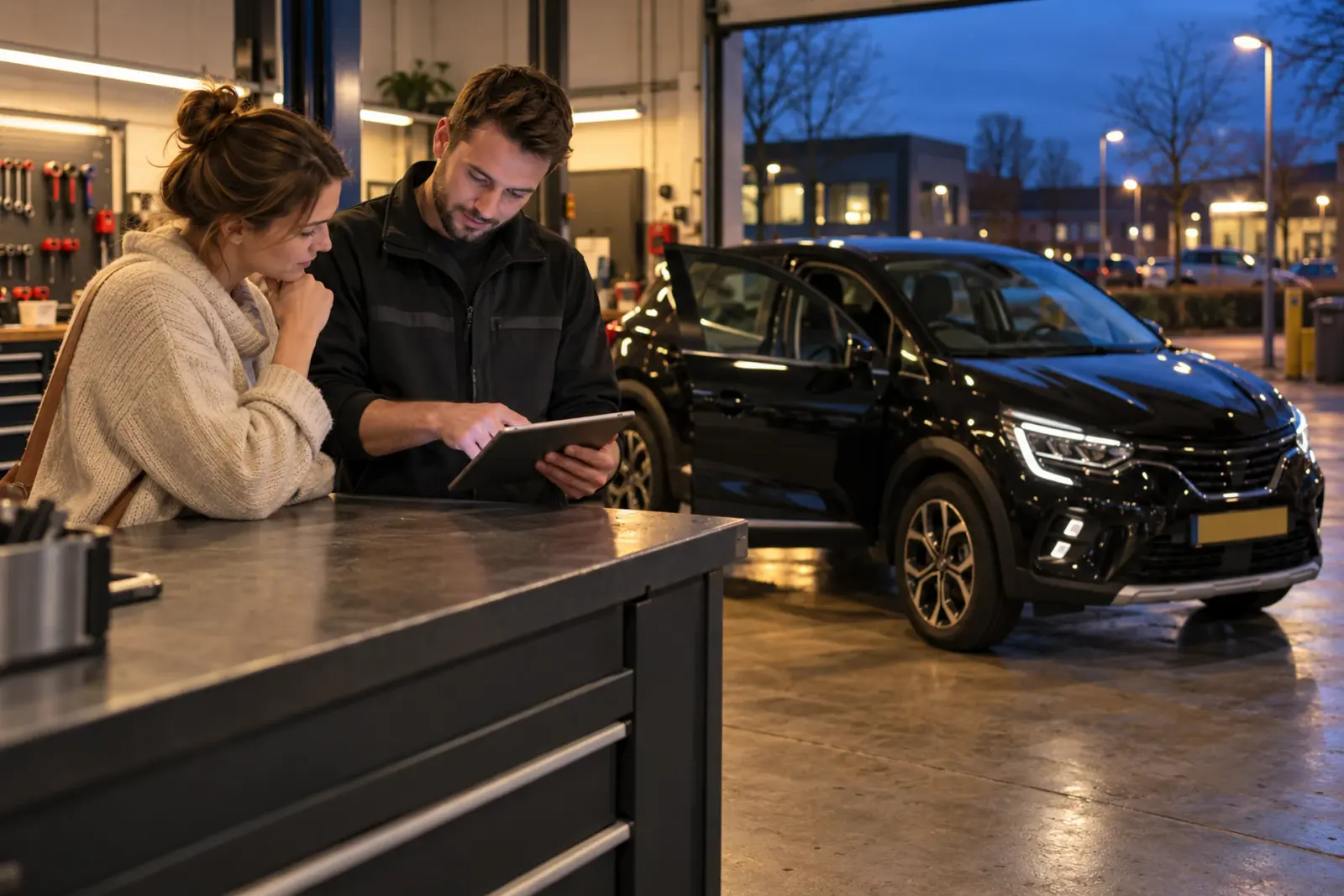 Adviseur en klant bekijken samen de offerte op een tablet aan de balie van de werkplaats, met een zwarte auto met geopend portier op de achtergrond