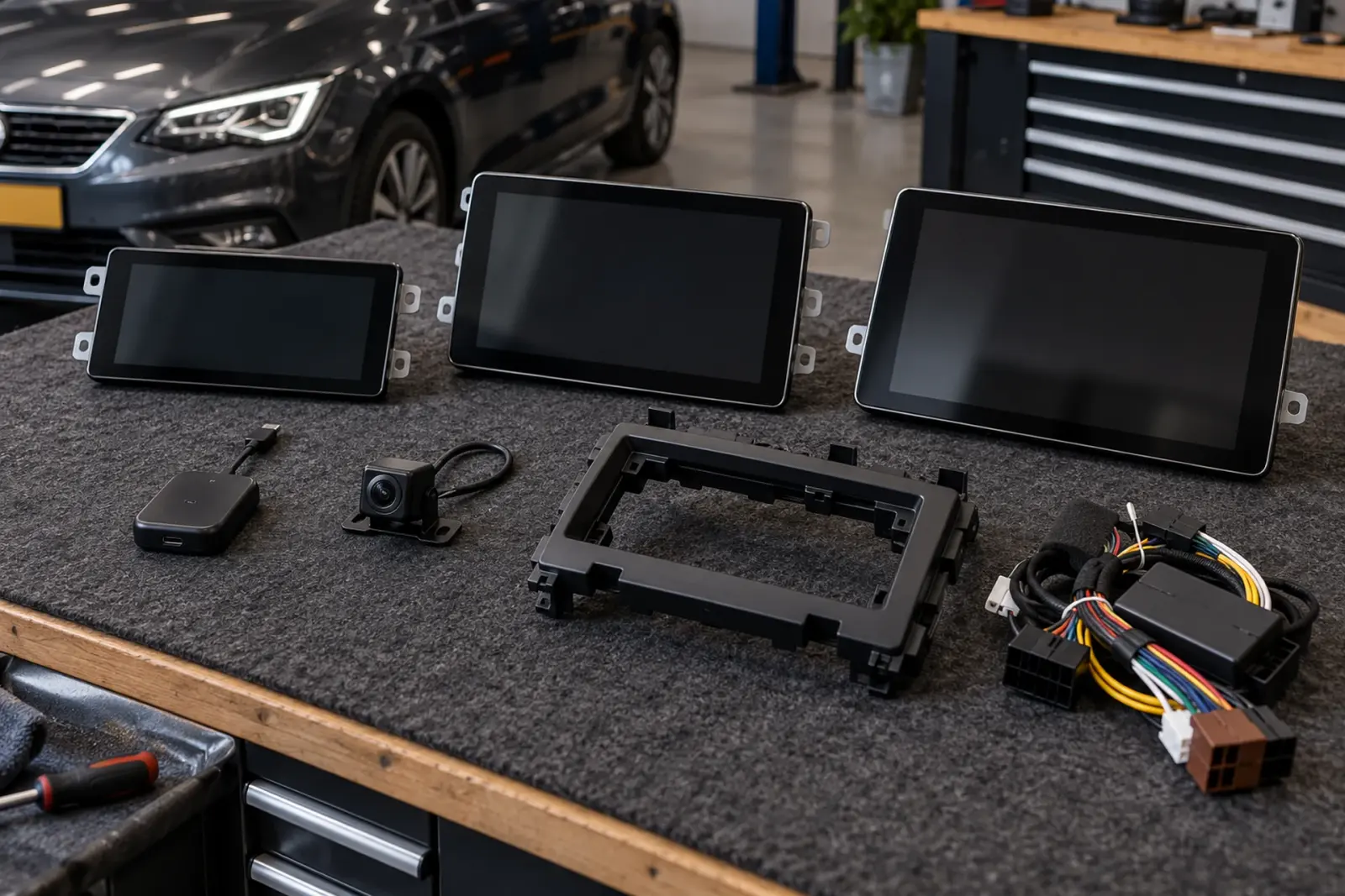 Werkbank met drie touchscreens in verschillende maten, een draadloze adapter, een achteruitrijcamera, een inbouwframe en kabelbomen: de onderdelen die de CarPlay inbouwen kosten bepalen