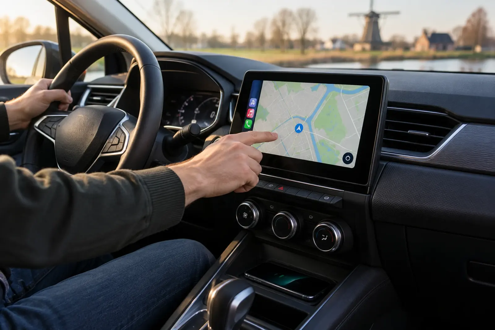 Bestuurder tikt op de navigatiekaart van een ingebouwd CarPlay scherm; door de voorruit zijn een molen en water zichtbaar
