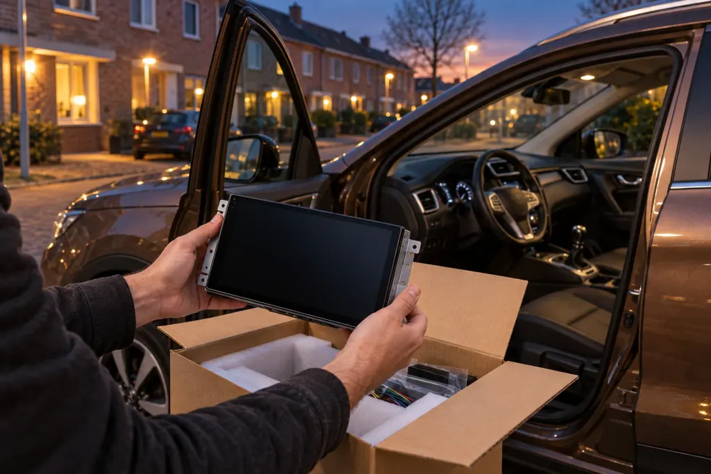 Handen tillen een nieuw touchscreen voor CarPlay en Android Auto uit de verpakking naast een geopend portier in een woonstraat