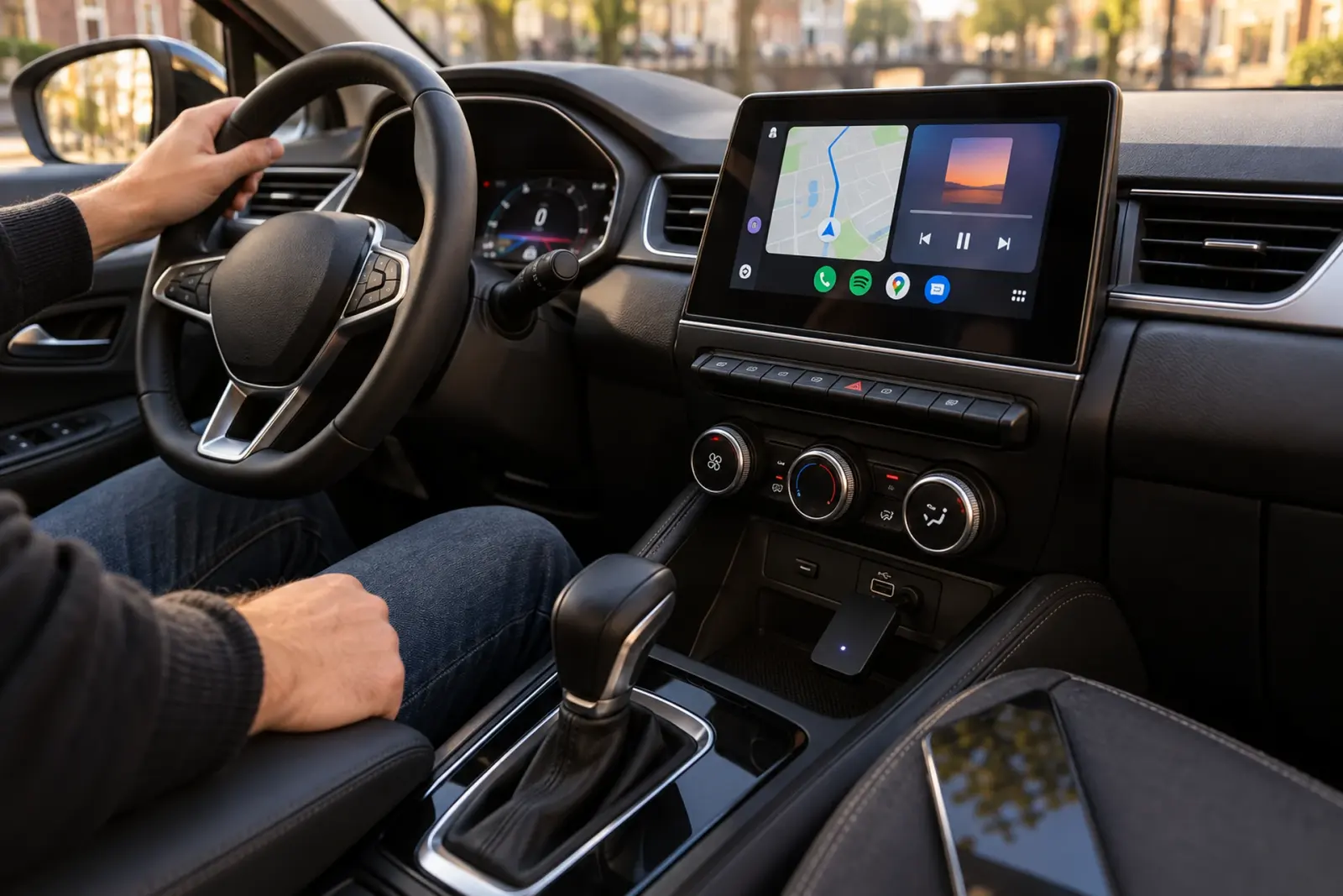 Android Auto met navigatie, muziek en telefoon op een ingebouwd touchscreen, telefoon op de draadloze lader in de middenconsole