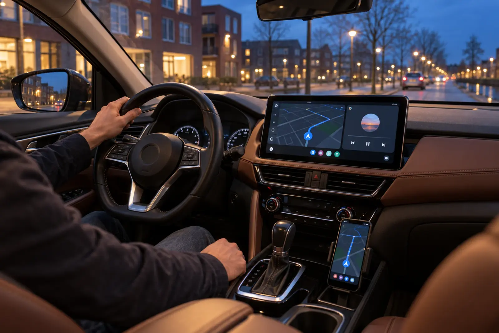 Android Auto met kaart en muziek op een breed touchscreen in het dashboard bij avond: CarPlay en Android Auto inbouwen per regio begint met één aanvraag